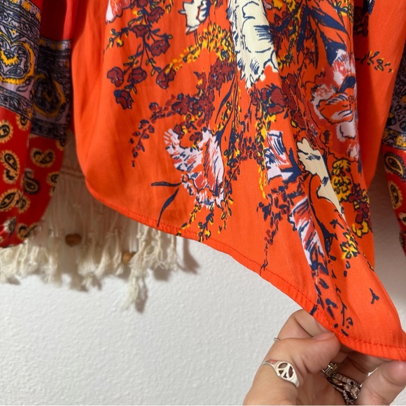 70s Free People Bright Orange Red Tapestry Bohemian Floral Peasant Blouse Small - Picture 6 of 11